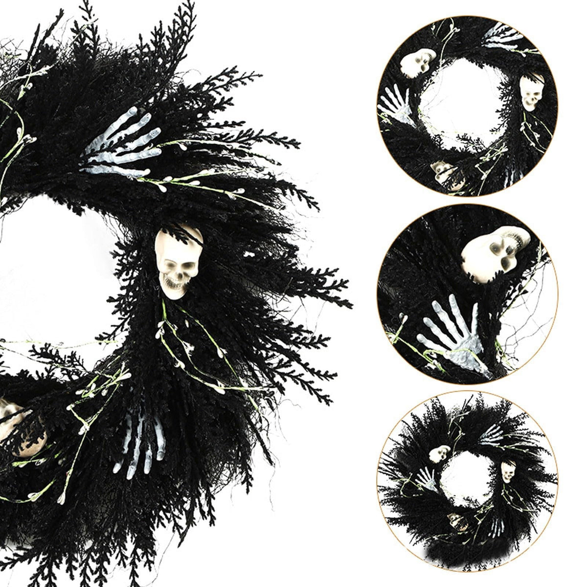 XHKUYI Halloween Skeleton Wreath 19.7 Inch, Black Skull Hand Halloween Wreath with Bone Details and Spooky Round Door Accent, for Front Door, Porch Wall, Haunted House Party, Indoor Entry Decor