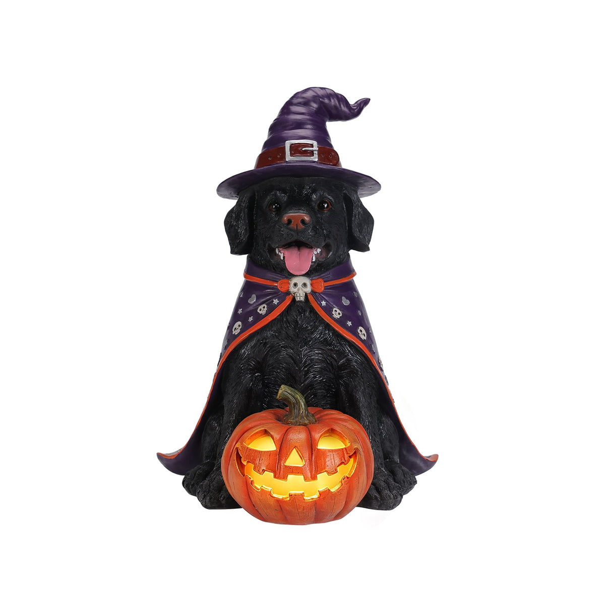 A7Store Halloween Golden Retrieve Dog Indoor Outdoor Porch Statue with Lighted Pumpkin, Pink Witch Hat and Cape