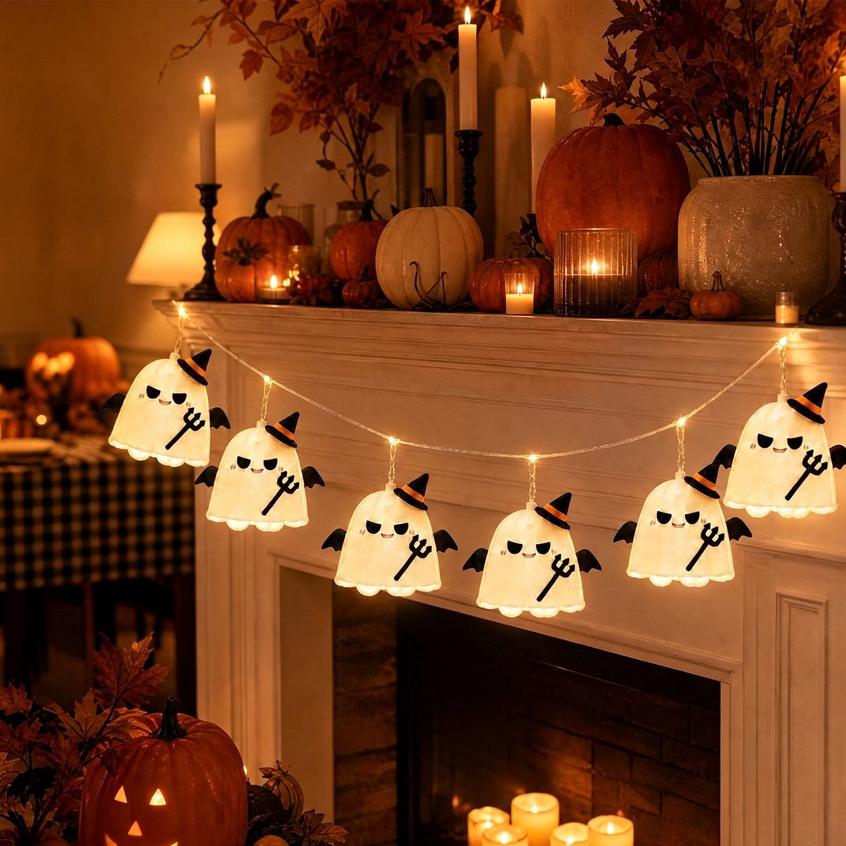 AZXY Halloween Stacked Lighted Pumpkin Figurine, Skeleton Cut‑Out Pumpkin Lamp, Spooky Holiday Floor Ornament, Halloween Yard Party Decoration for Porch Yard Living Room Use