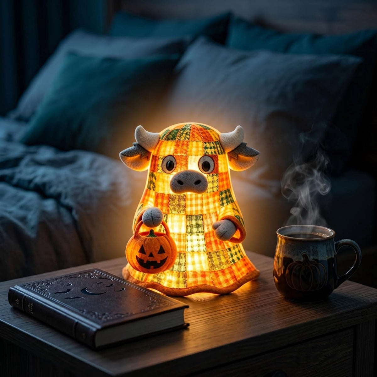 AZXY Halloween Stacked Lighted Pumpkin Figurine, Skeleton Cut‑Out Pumpkin Lamp, Spooky Holiday Floor Ornament, Halloween Yard Party Decoration for Porch Yard Living Room Use
