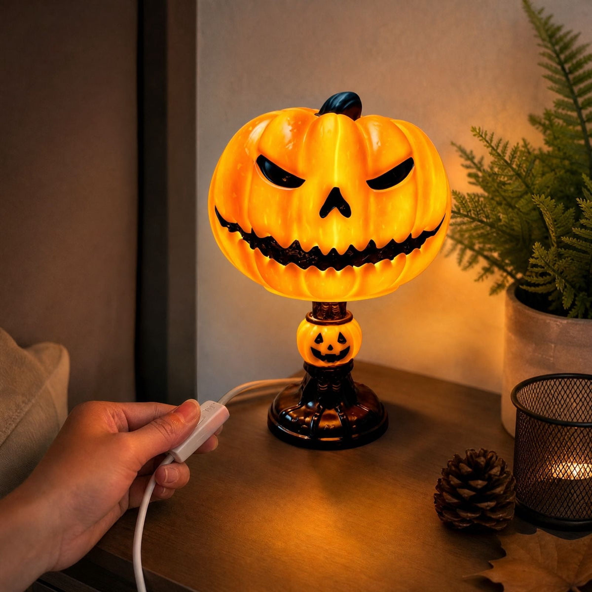 AZXY Halloween Stacked Lighted Pumpkin Figurine, Skeleton Cut‑Out Pumpkin Lamp, Spooky Holiday Floor Ornament, Halloween Yard Party Decoration for Porch Yard Living Room Use