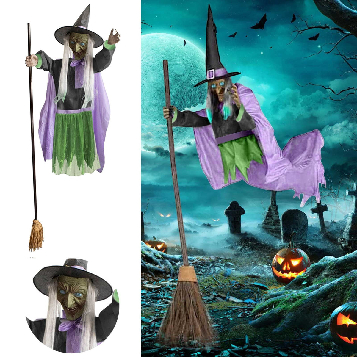 Animated Flying Witch Prop 70.86" - Light Up Sound Halloween Decoration with Broomstick for Indoor Outdoor Green