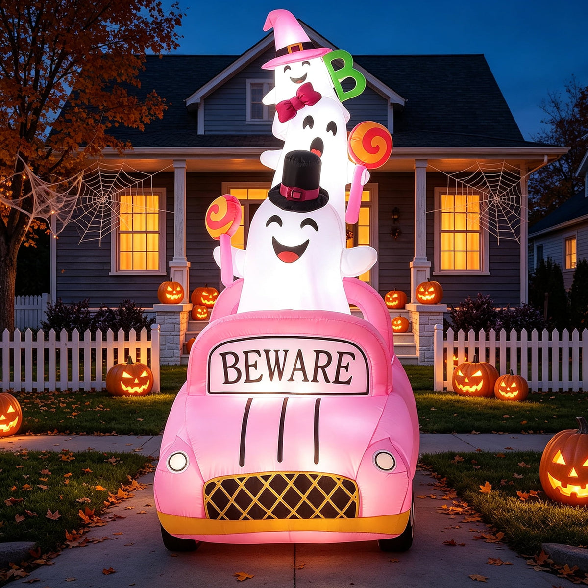 Ayieyill Halloween Inflatables, 8FT Ghost Driving Pink Car Halloween Decor Outdoor, Monster Truck Blow Up Yard Decorations