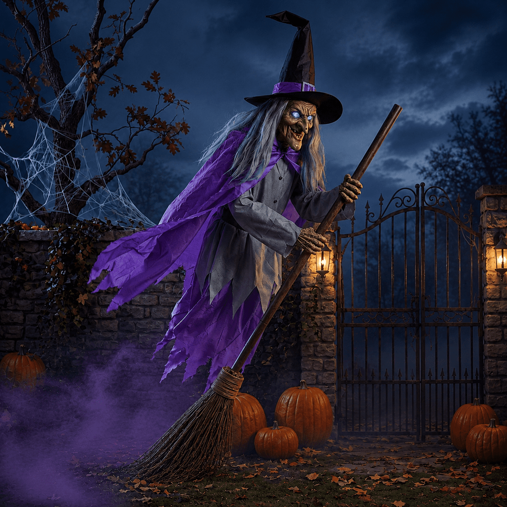 Clearance Halloween Flying Witch Prop, 6 Ft Cloth Broomstick Witch with Glowing Eyes and Sound Activated Effects, Spooky Garden Porch Yard Party Decor