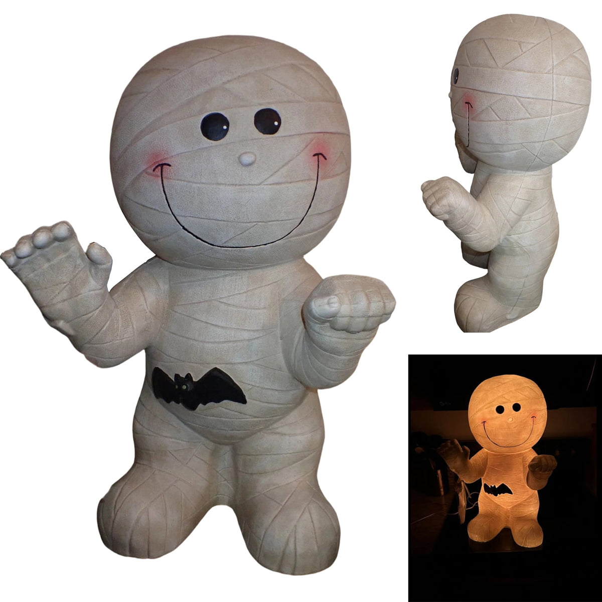Cute Halloween Light-Up Mummy Blow Mold Decoration, Happy Smiling Mummy Statue with Black Bat, Corded Electric Glowing Tabletop Night Light Figurine for Indoor Holiday Porch Decor