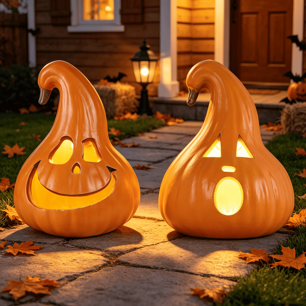Gamexcel 10" + 14" Pre-Lit Jack O'Lanterns - Indoor/Outdoor Halloween Decorations for Party & Home, Lighted Pumpkin, 2 Pack, Orange