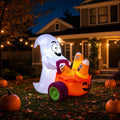 HHJZPR Halloween Inflatable Ghost Driving Pumpkin Cart Yard Decor, 59.06in Built-in LED Light Blow Up Candy Corn Pumpkin Trolley Outdoor Lawn Holiday Ornament