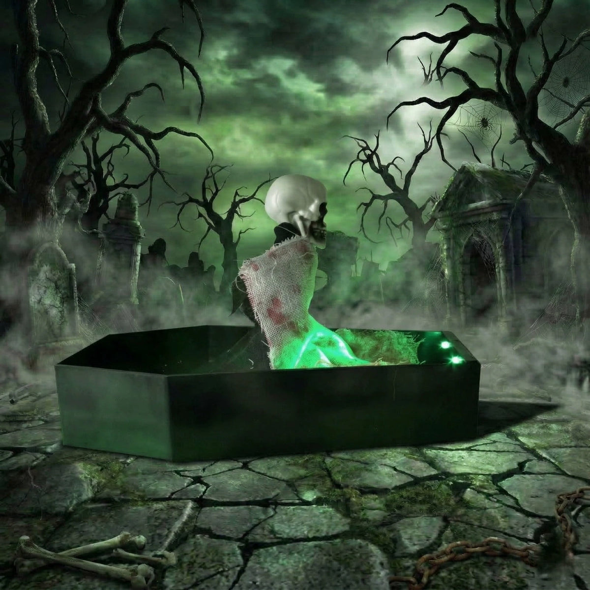 Halloween Animatronics Animated Skeleton in Coffin, Voice Activated Spooky Skeleton Decorations with Light & Scary Sounds, Spooky Decor Prop