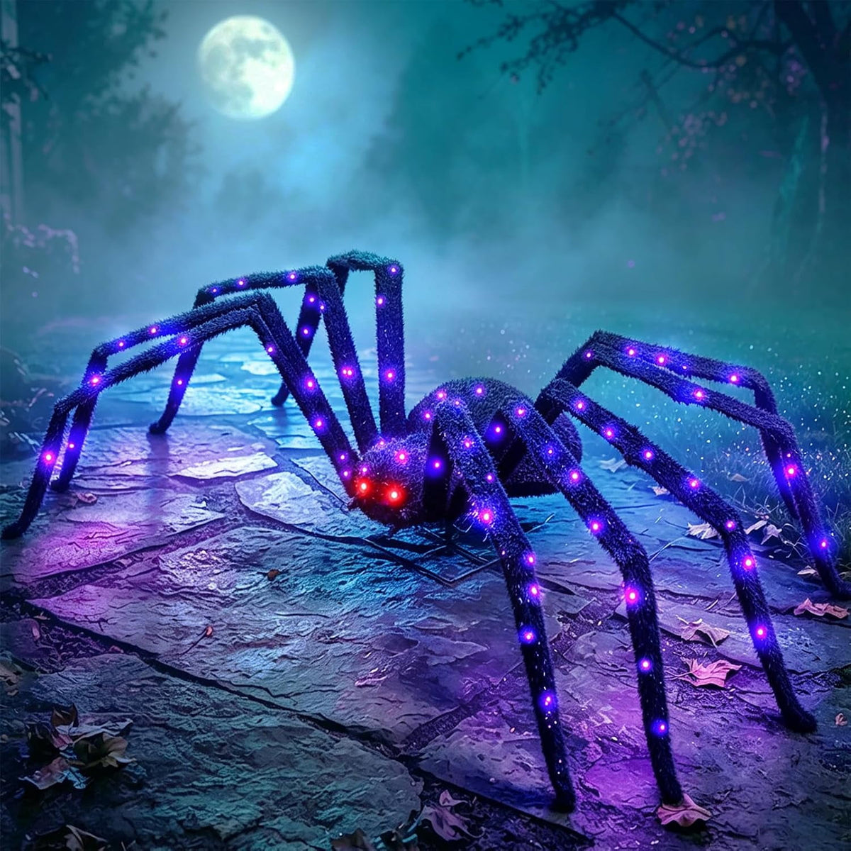 Halloween Decorations Outdoor Giant Spider Light Up Spider 4.3Ft Lighted Large Spider with 6 Modes and 100 LED Purple Lights, Black Spooky Spider for Yard Lawn Garden Patio Outside Decor
