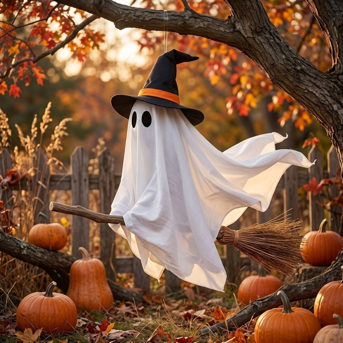 DIY Hanging Swing Ghost Halloween Decor, Flying Ghost on Broomstick with Witch Hat, Spooky Cute Outdoor Halloween Decorations for Front Porch Yard Tree, 3.61x4.33FT