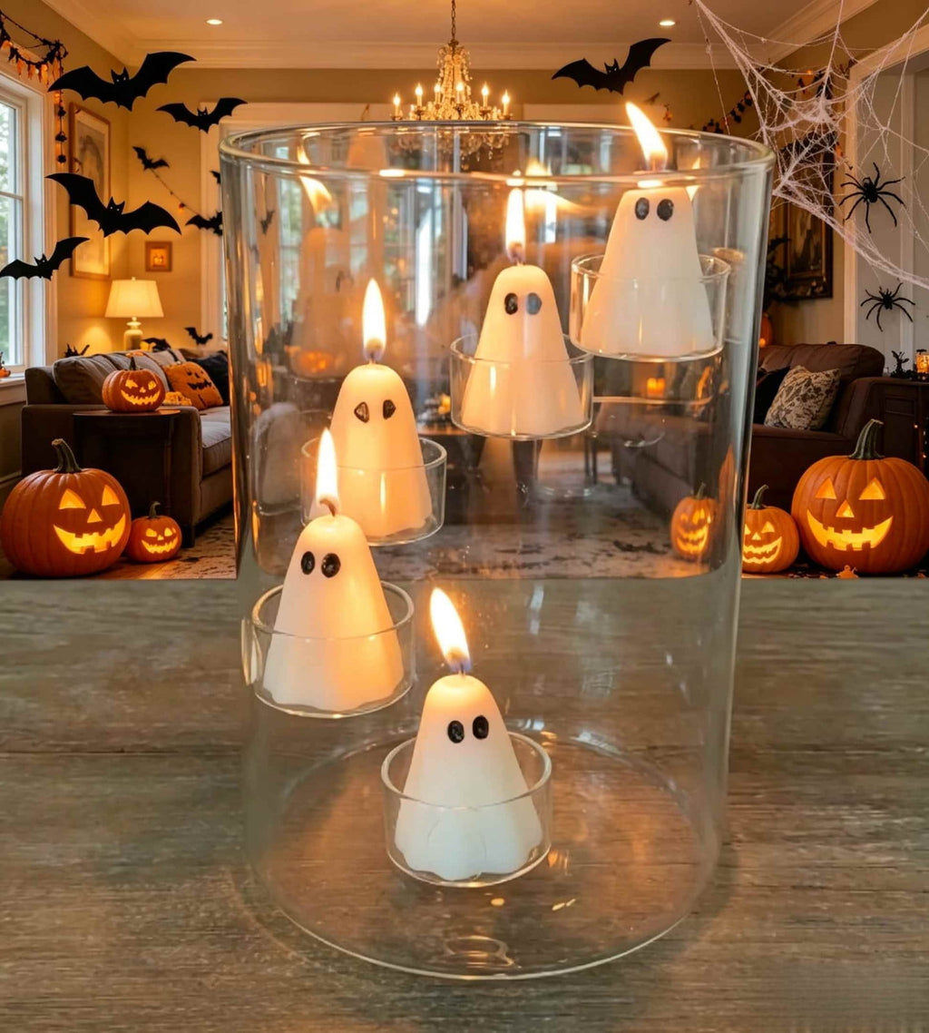 Halloween Glass Cylinder Hurricane Candle Holder for Tea Light Pillar Candle Holders Table Centerpiece,Clear Decorative Geometric Candle Holder for Wedding,Party(ONLY Candle Holder+Candle)