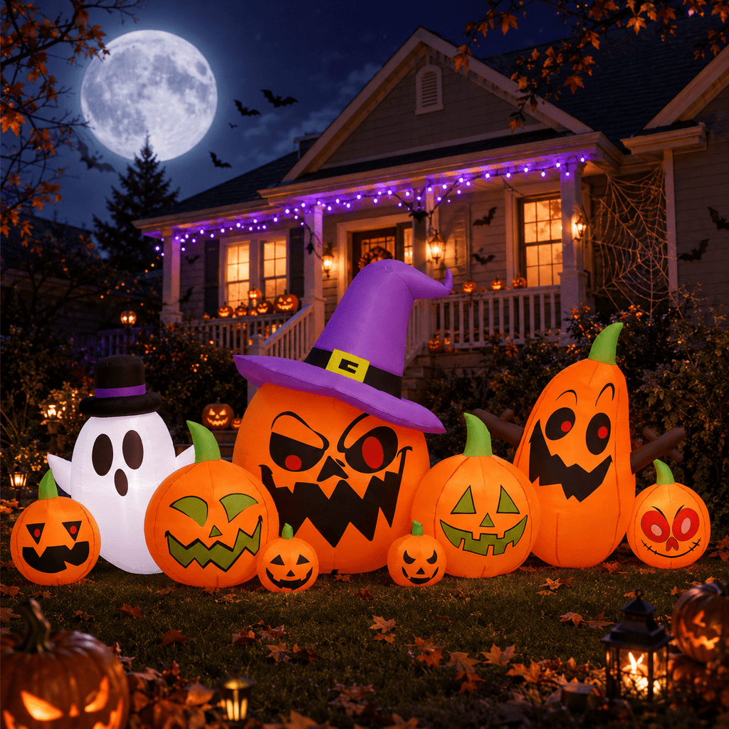 7.9 FT Halloween Inflatable Pumpkin & Ghost Yard Decoration, Pumpkins with Witch Hat, 7 LED Lights, Outdoor Blow Up Decor