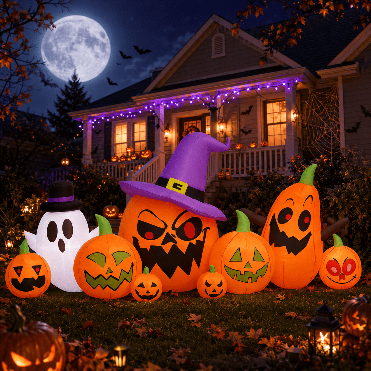 7.9 FT Halloween Inflatable Pumpkin & Ghost Yard Decoration, Pumpkins with Witch Hat, 7 LED Lights, Outdoor Blow Up Decor