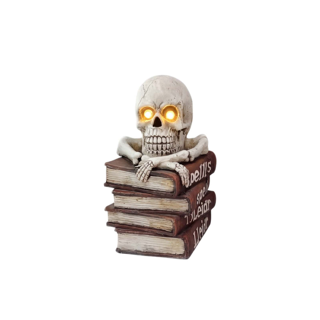 Halloween Light Up Skull Decoration Glowing Eyes Skeleton Figurine on Spell Books, Spooky Creepy Statue for Home Party Tabletop Decor