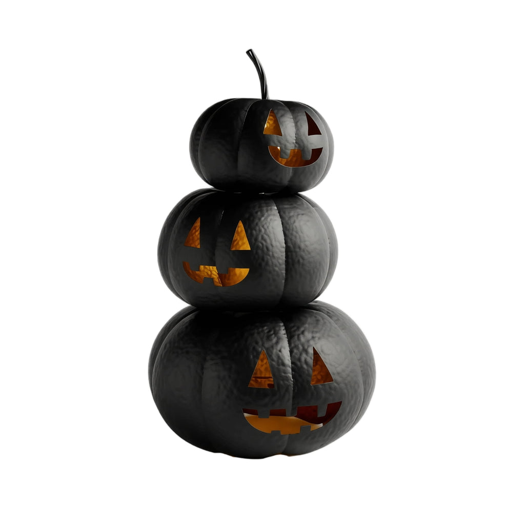 Halloween Lit Stacked Hammered Jack-O'-Lantern, 3 Tiers Black Jack O Lanterns Light up Pumpkins with LED Candles Decoration, Bundle Pre-lit Pumpkin Lights for Halloween Indoor Outdoor Yard Decor