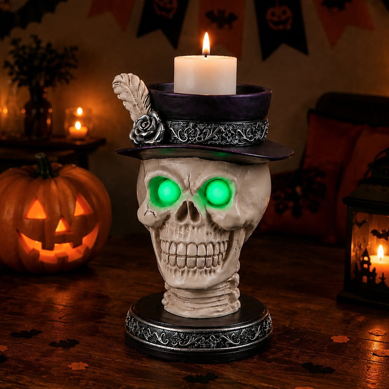 Halloween Resin Skull Candle Holder Figurine with LED Glowing Green Eyes, Skeleton Head Statue with Feather Top Hat, Spooky Tabletop Halloween Party Decor