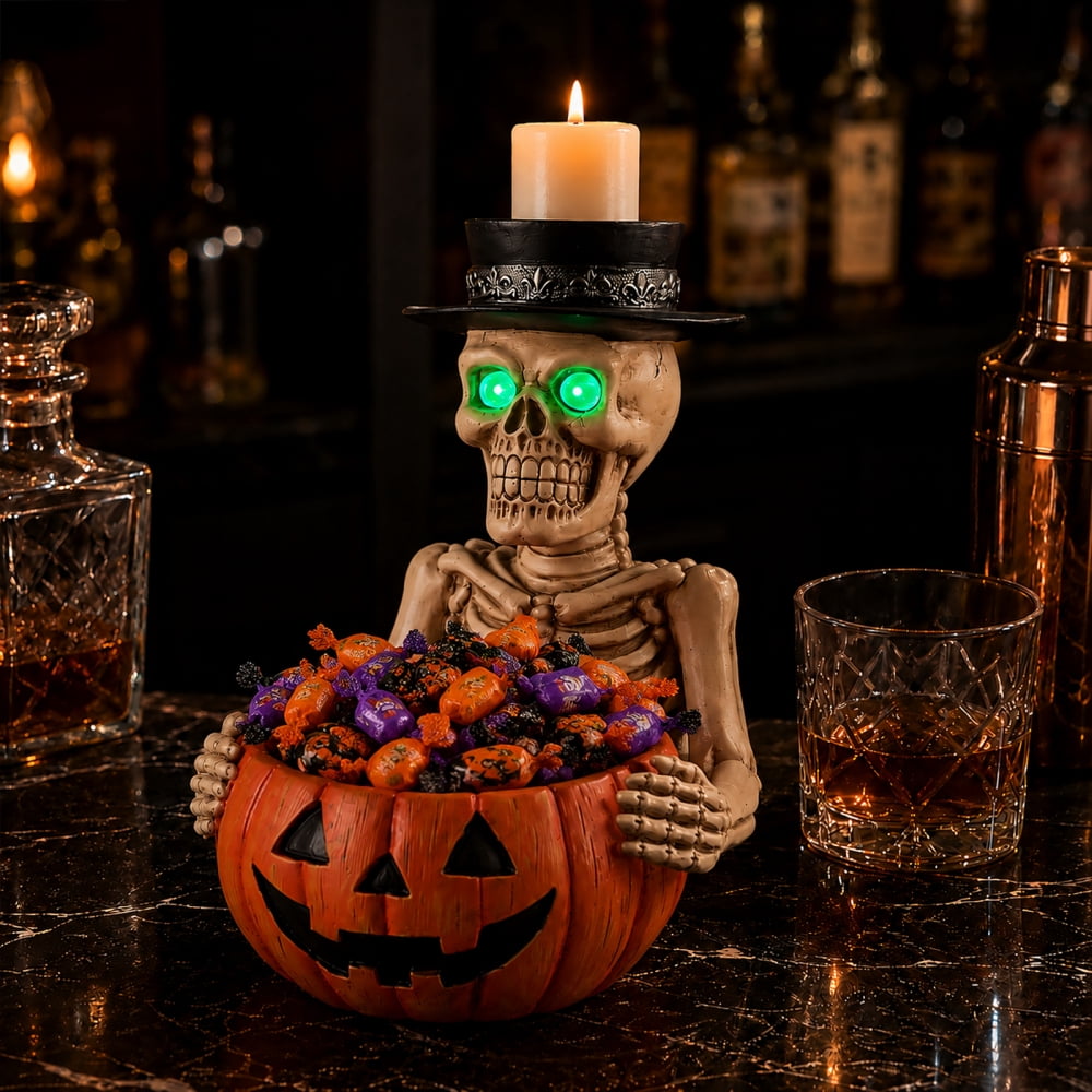 Halloween Skeleton Butler Floor Statue with Serving Tray & Black Cat, Resin Gothic Home Decor for Entryway Porch Living Room