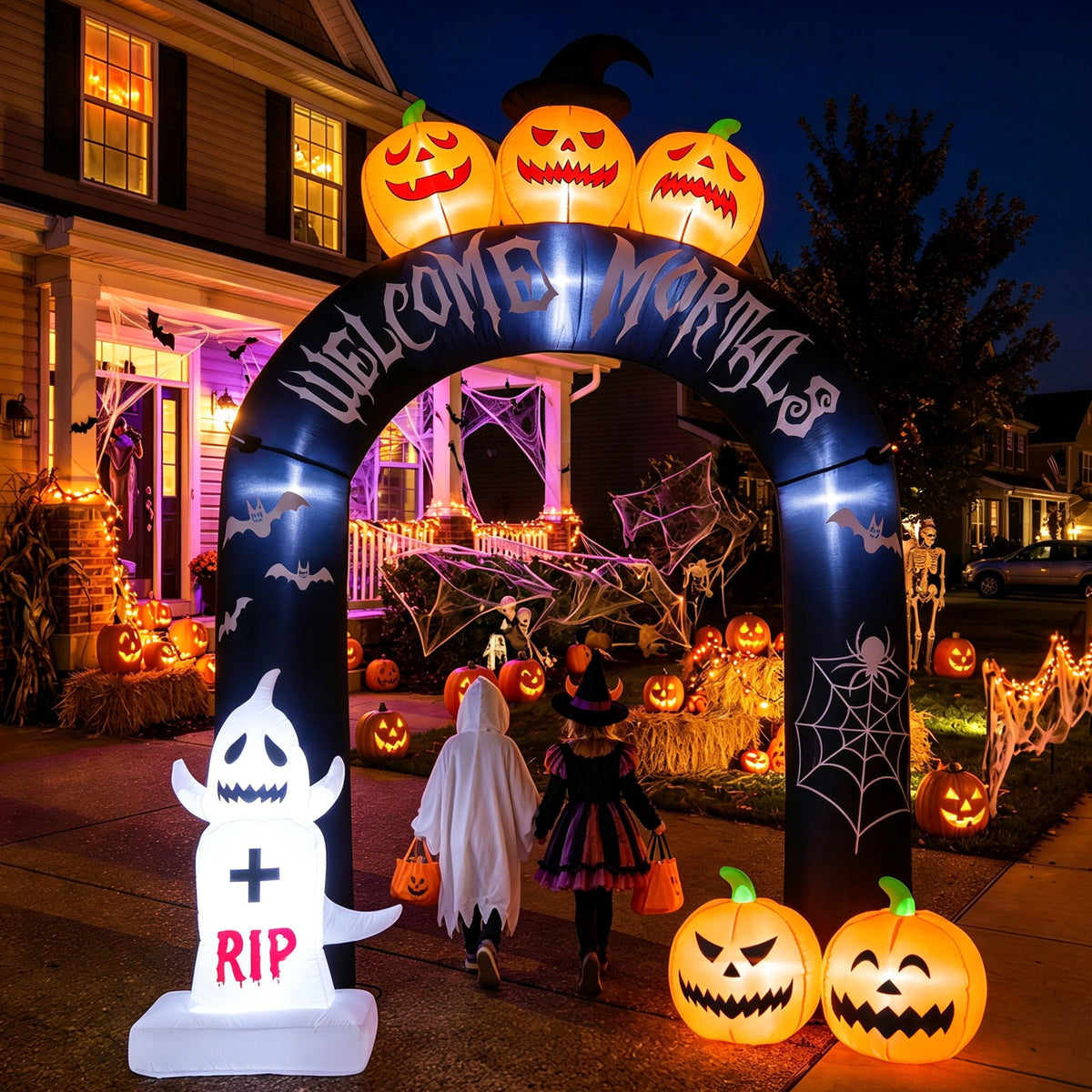 MAGOTAN 6 FT Halloween Inflatable Pumpkin Halloween Inflatable Pumpkins and Cat Outdoor Yard Decoration Build-in 7 LED White Lights