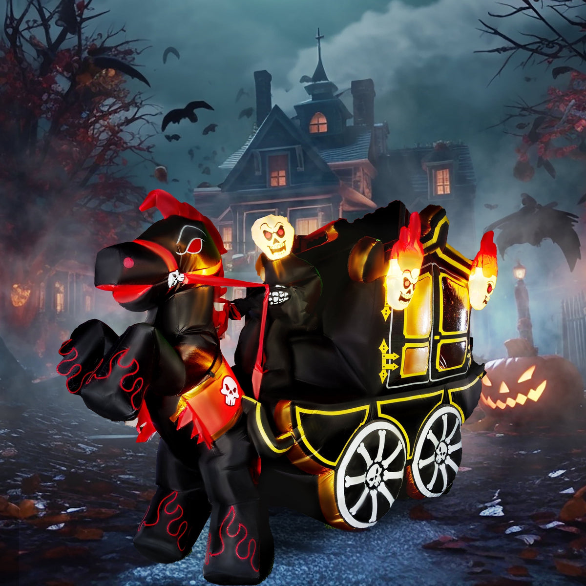 Joyfy 8ft Long Halloween Inflatables Outdoor Decorations,Spooky Pumpkin Carriage with Built-in LEDs,Blow Up Halloween Decoration for Yard