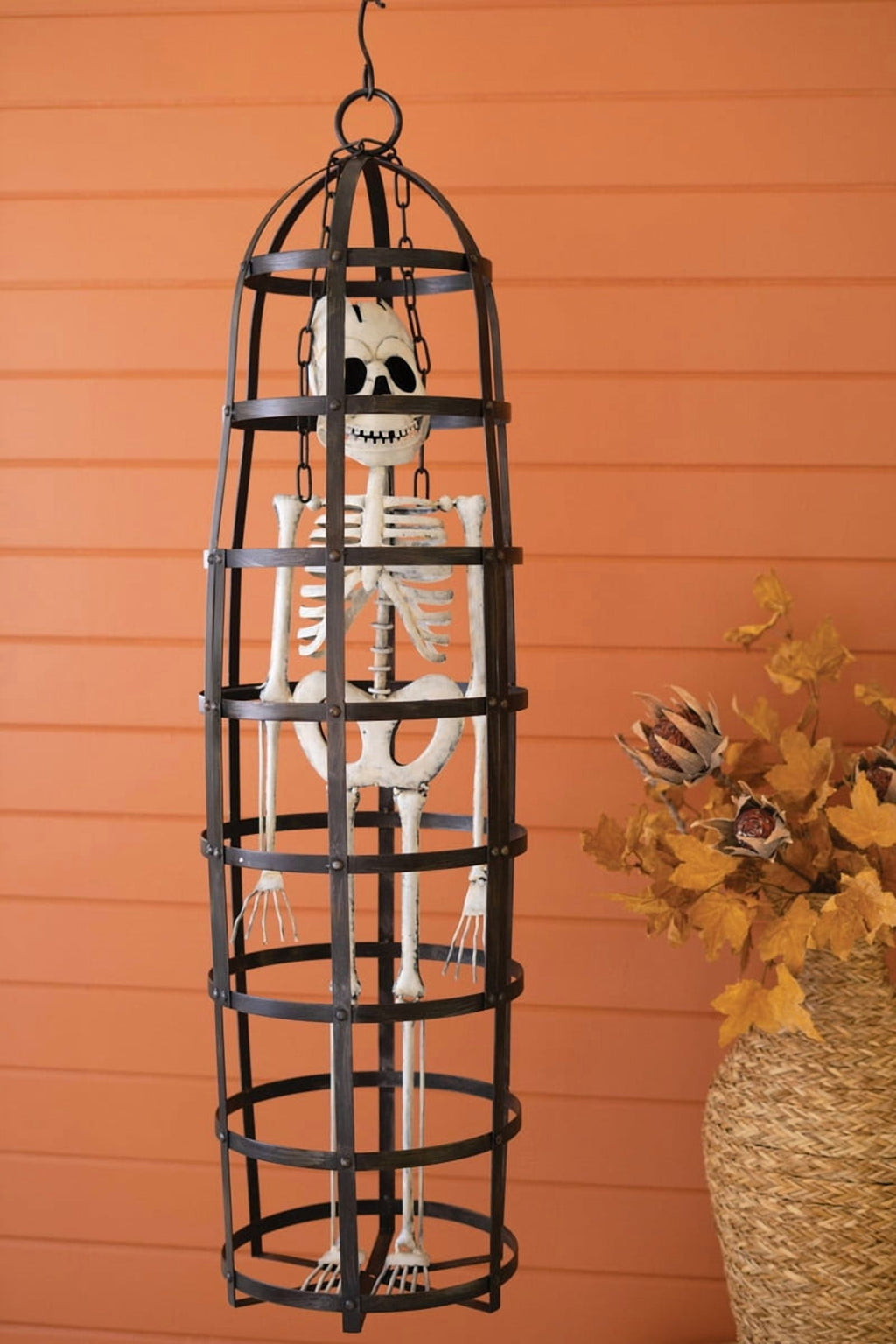 Kalalou Halloween Skeleton in a Cage – Oversized Iron Sculptural Haunted Décor