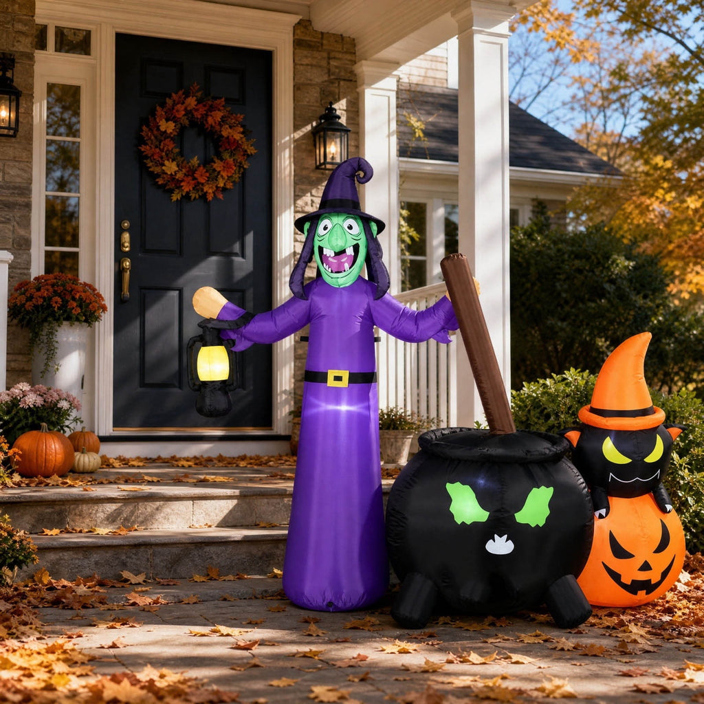 Kumdkdwn 71" Giant Halloween Inflatable Witch Cauldron with Pumpkin, Large Light-Up Witch Pot Decoration with Built-in LEDs, Blow Up Outdoor Yard Art for Garden, Lawn, Patio, Holiday Party Decor