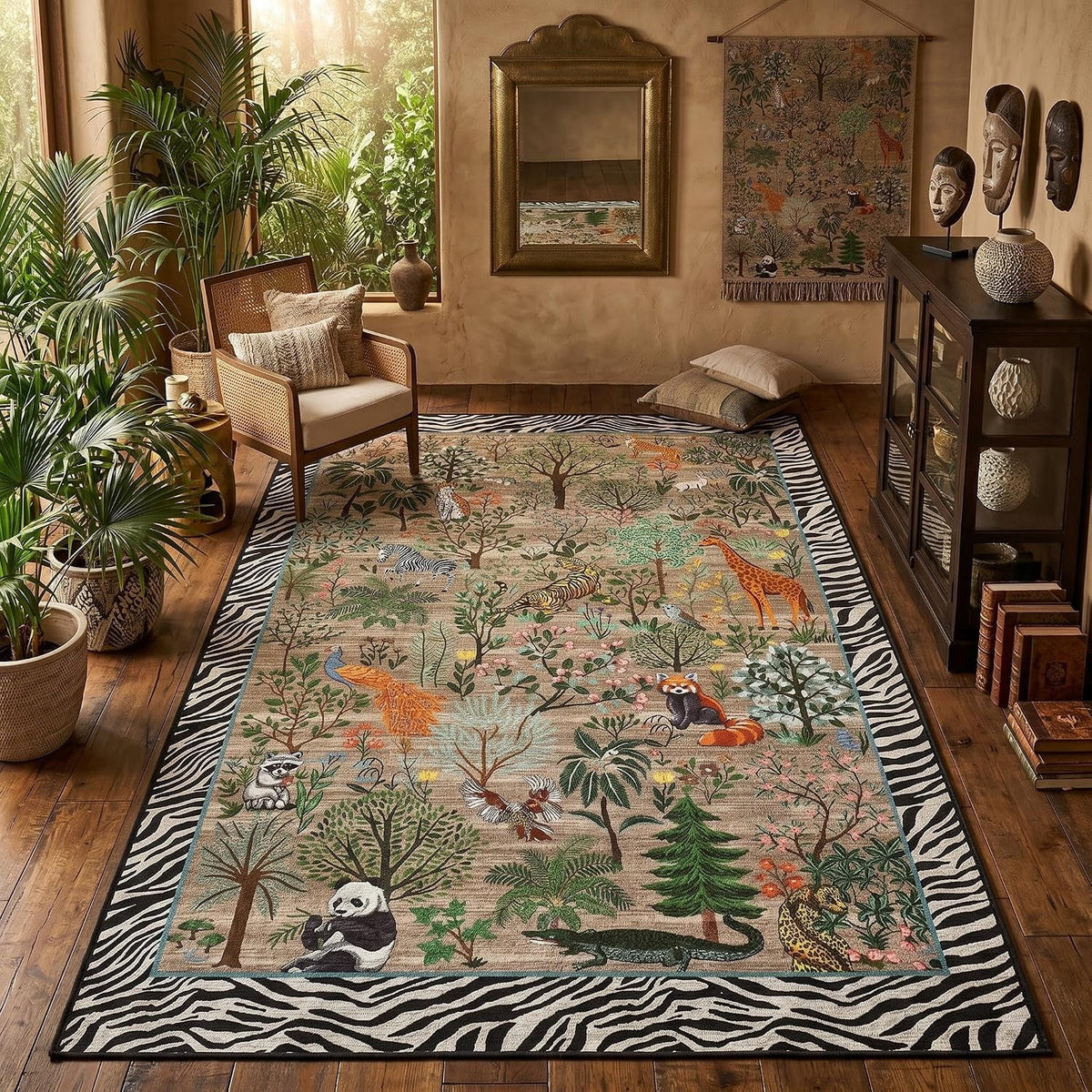 Large Jungle Animal Living Room Rug 10x13 Washable Forest Indoor Rugs for Bedroom Non Slip Foldable Low Pile Modern Floor Mat Stain-Resistant Neutral Carpet for Kids Playroom Dorm Nursery Black