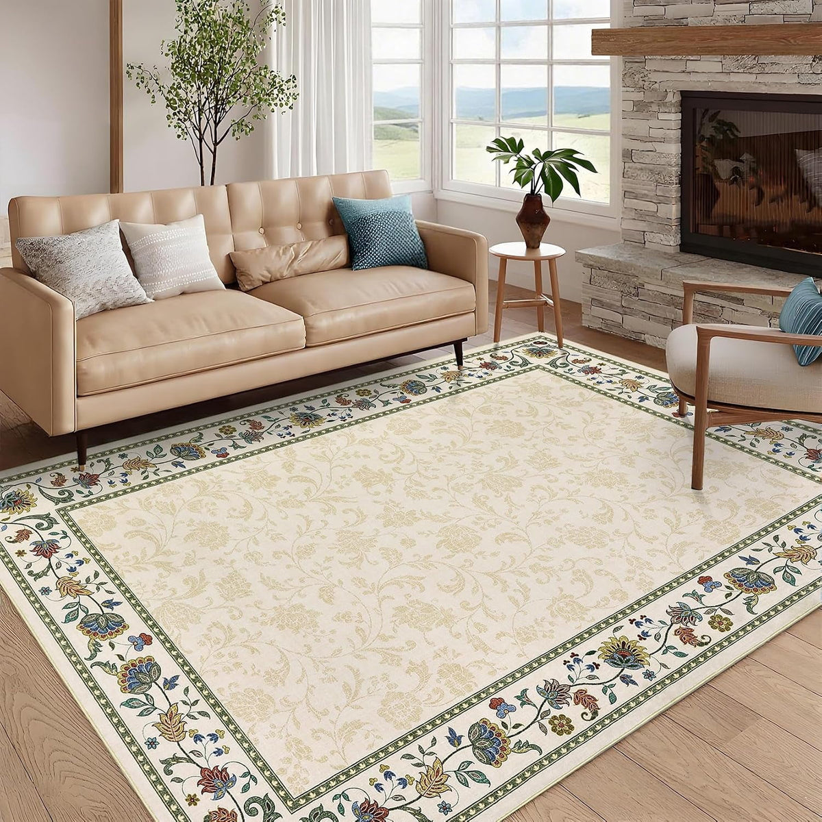 Large Living Room Rug 10x13 Non-Slip Floral Indoor Carpet Washable Floral Bordered Floor Mat Low Pile Non-Shedding Foldable Neutral Bedroom Rugs for Dining Room Nursery Home Office Red
