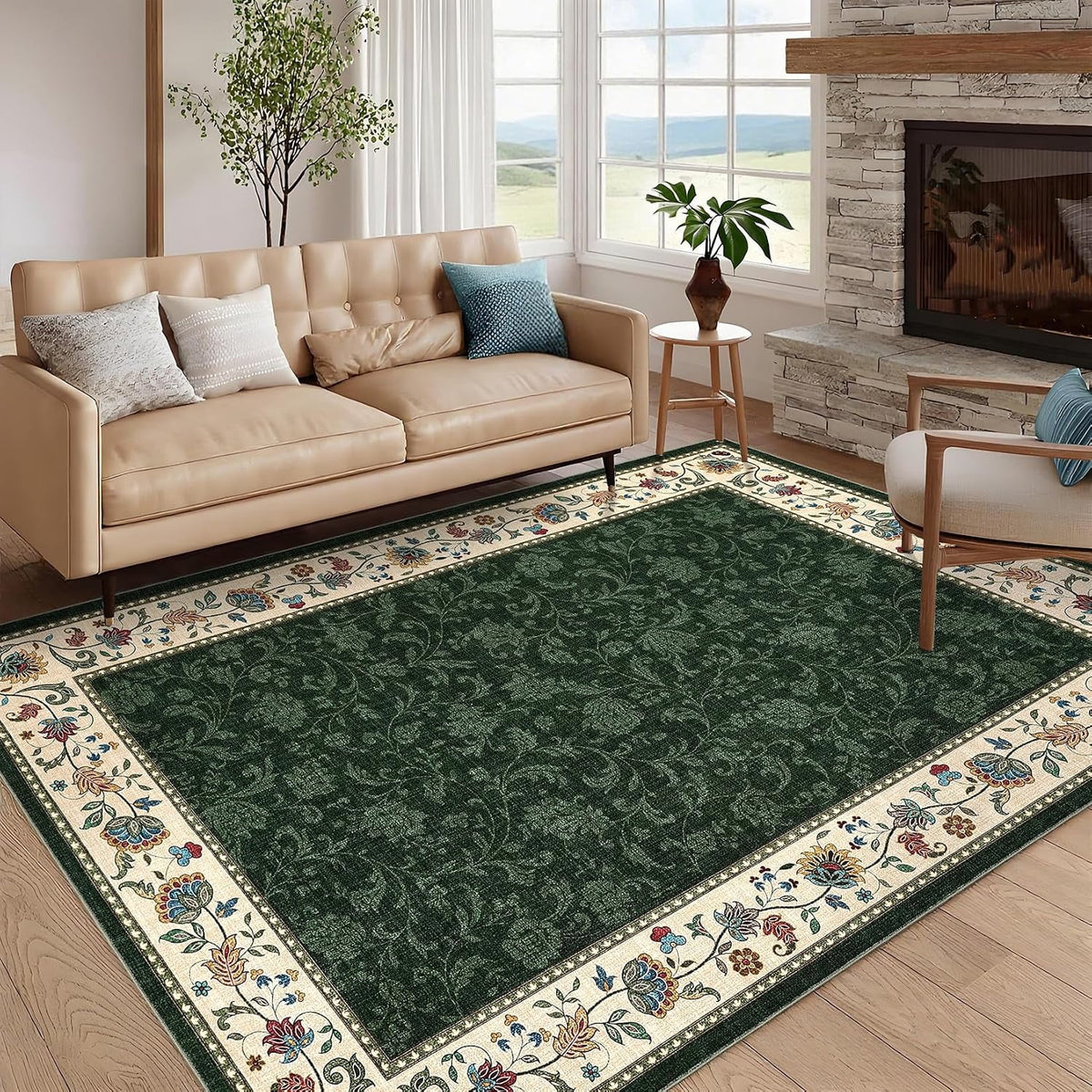 Large Living Room Rug 10x13 Non-Slip Floral Indoor Carpet Washable Floral Bordered Floor Mat Low Pile Non-Shedding Foldable Neutral Bedroom Rugs for Dining Room Nursery Home Office Red