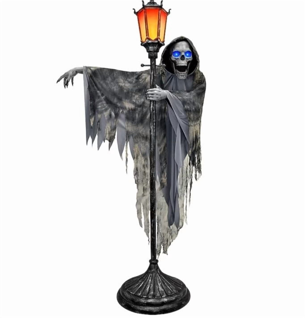 Light Up Blue LED Eyes Skeleton Ghost Freestanding Street Lamp Prop Tattered Robe Grim Reaper Figure Outdoor Yard Porch Halloween Ghost House Decor.78.74*39.37*1.96In