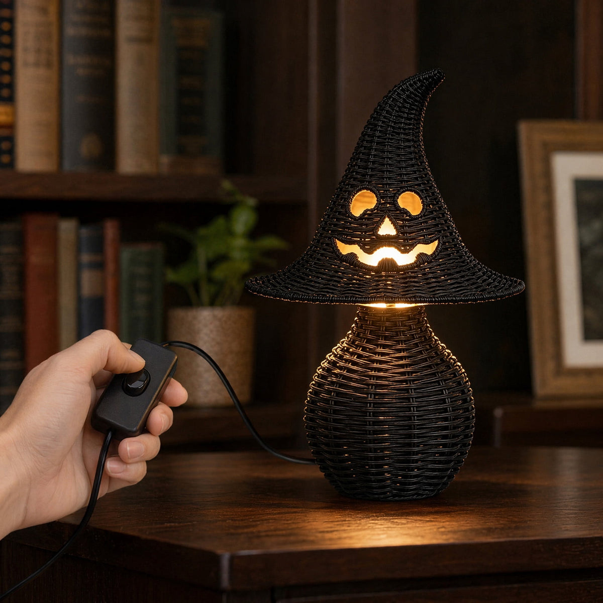 Lighted Halloween Table Centerpiece, Witch Hat Pumpkin Lamp, Black Woven Rattan Halloween Decor Indoor, Glowing Tabletop Decoration for Party Home