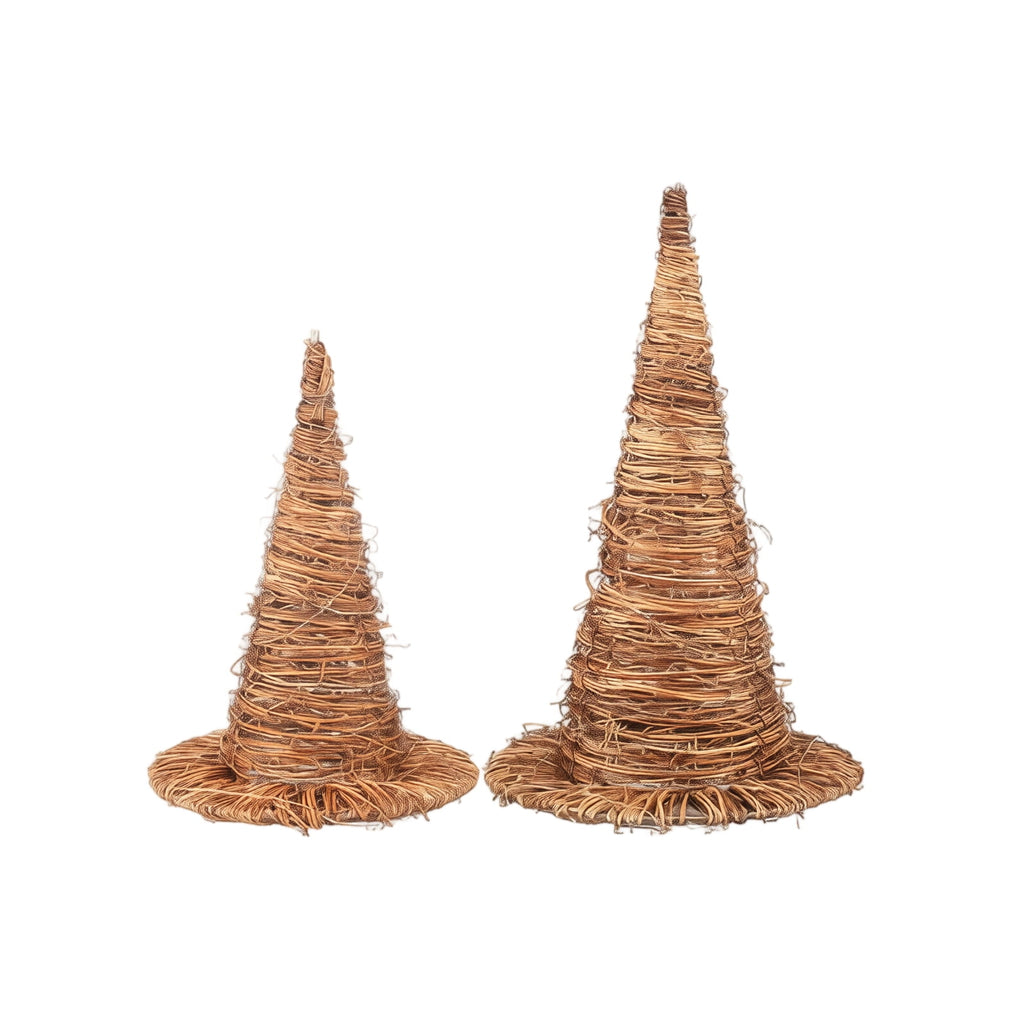 Lighted Rattan Witch Hat Set Halloween Decor, Hand Woven Wizard Hats with Warm LED Lights, Spooky Tabletop Centerpieces for Home Party & Fall Harvest Display (11.8" & 9.8")