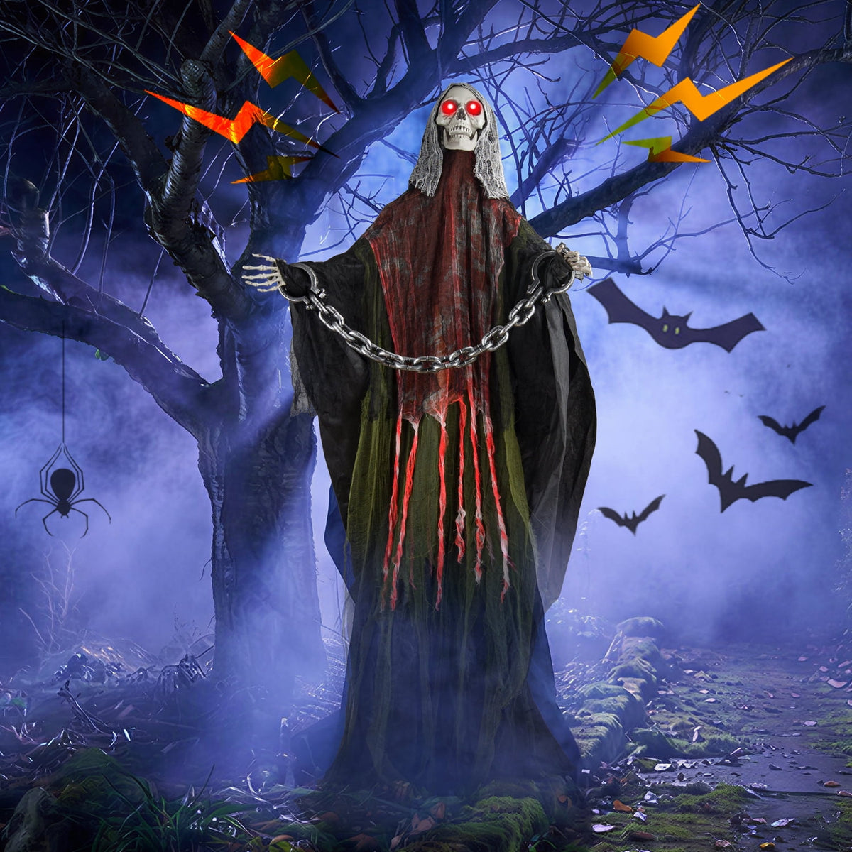 Magotan 6ft Halloween Outdoor Skeleton Ghost Decorations, Sound Controlled Swinging Scary Skeleton Ghost Halloween Decoration for Outdoor Garden Porch Yard Decor,Green