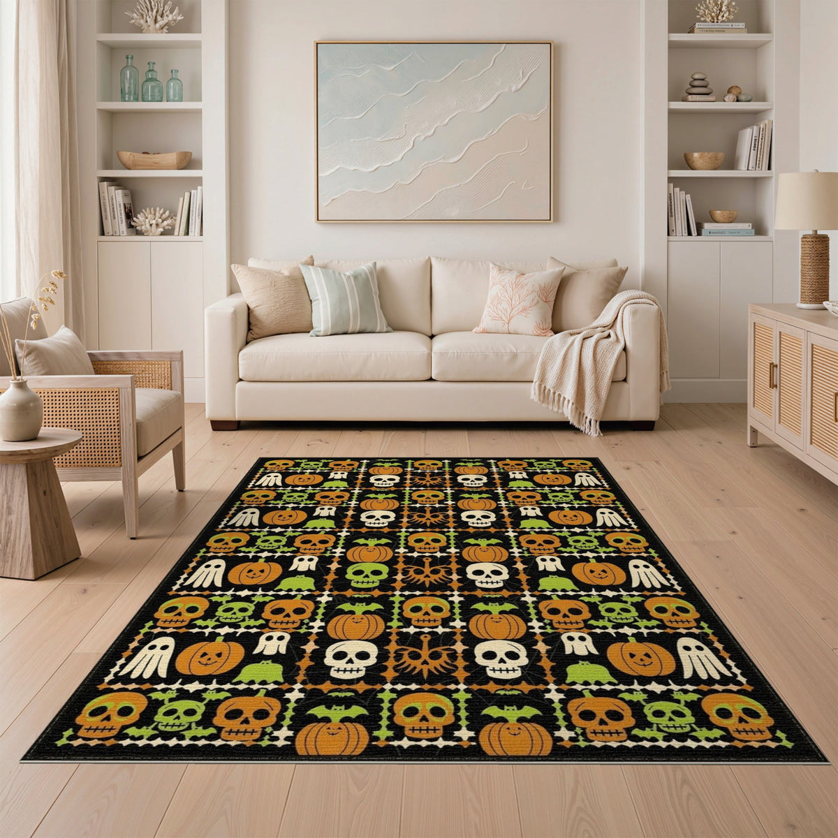 ODIKA 8'x10' Washable Area Rug Halloween Harvest Spirits Grinning Lantern Entrance Doormat Door for Living Room, Under Sectional, Family , Durable, Non-Slip