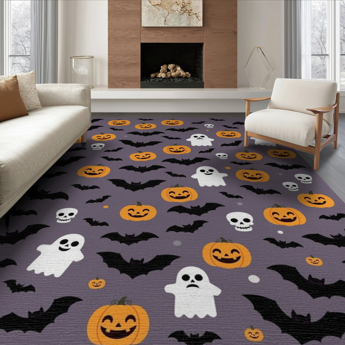 ODIKA 8'x10' Washable Area Rug Halloween Harvest Spirits Grinning Lantern Entrance Doormat Door for Living Room, Under Sectional, Family , Durable, Non-Slip