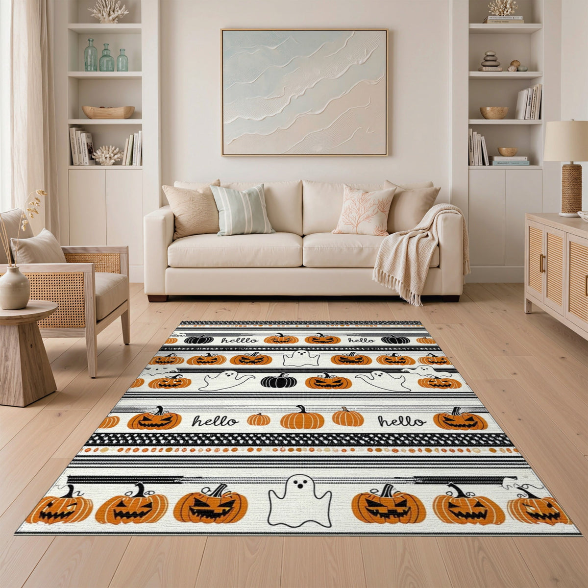 ODIKA Halloween Striped Pumpkin Ghost Farmhouse Welcome Fallc Door Pet Friendly & Kids Safe Play for Playroom, Bedroom, Reading Nook