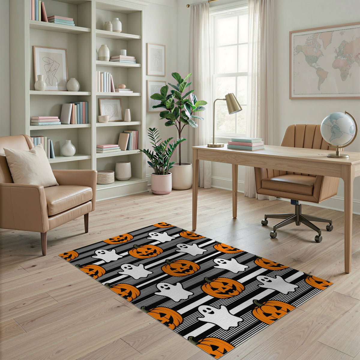 ODIKA Halloween Spooky Pumpkin Phantom Striped Entrance Door Doormat for Playroom, Bedroom, Reading Nook, Pet Friendly & Kids Safe Play