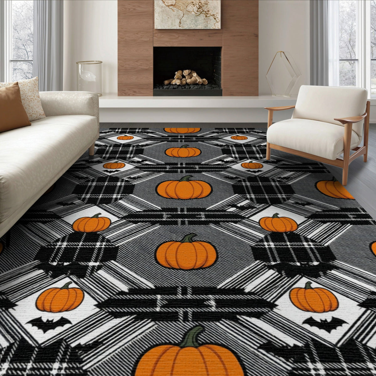 ODIKA Halloween Spooky Pumpkin Phantom Striped Entrance Door Doormat for Playroom, Bedroom, Reading Nook, Pet Friendly & Kids Safe Play