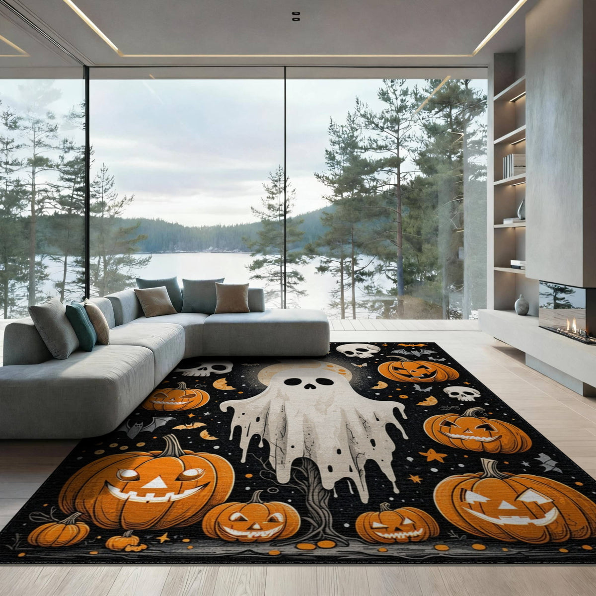 ODIKA Halloween Ghost Pumpkin Bat Skull Welcome Doormat Fiber Door for Dorm Room, Small Living Apartment, Stain Resistant Low Profile