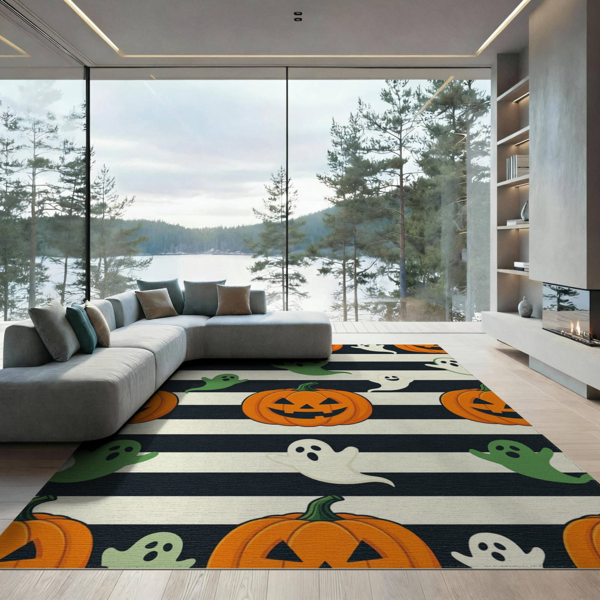 ODIKA Halloween Spooky Pumpkin Phantom Striped Entrance Door Doormat for Playroom, Bedroom, Reading Nook, Pet Friendly & Kids Safe Play
