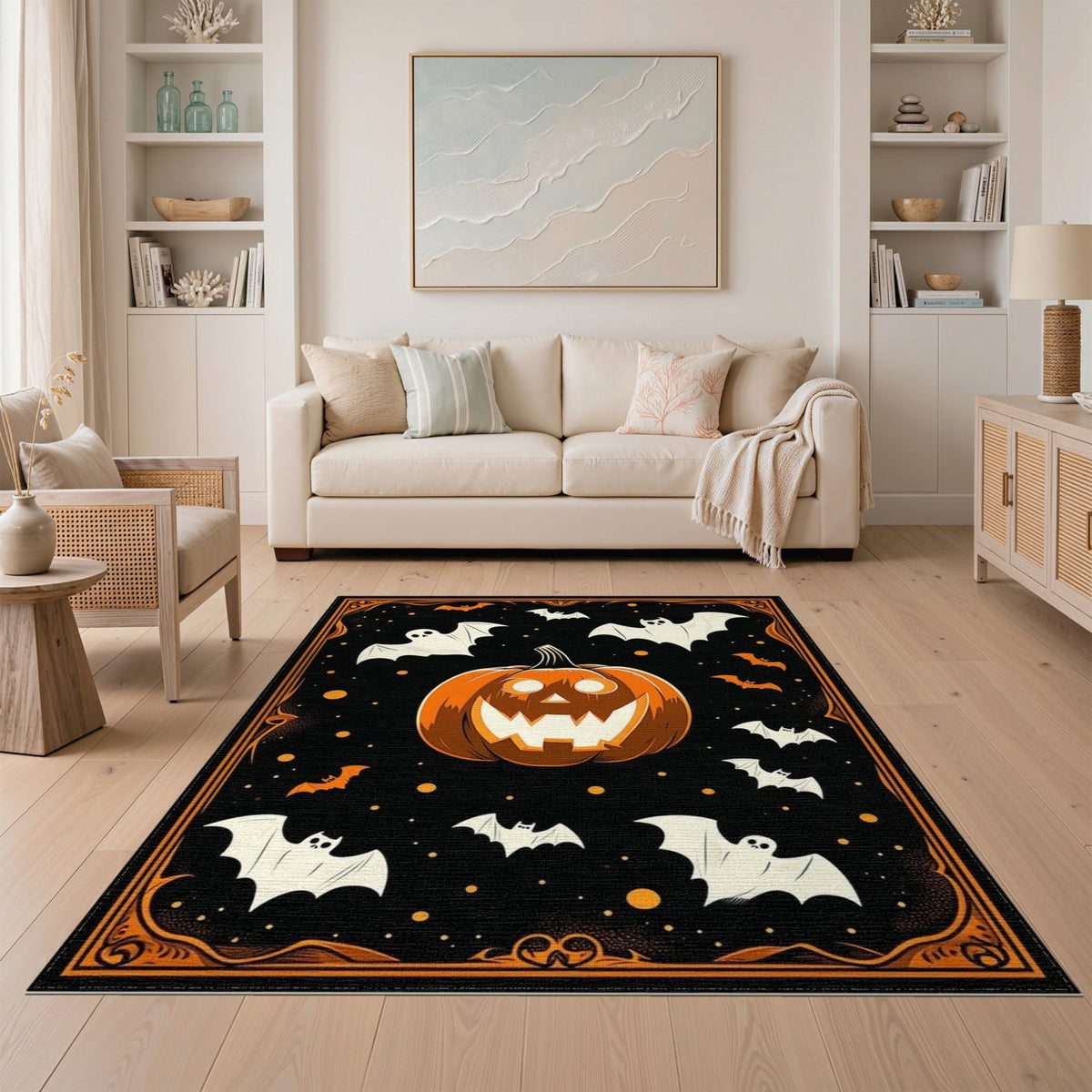 ODIKA Halloween Ghost Pumpkin Bat Skull Welcome Doormat Fiber Door for Dorm Room, Small Living Apartment, Stain Resistant Low Profile
