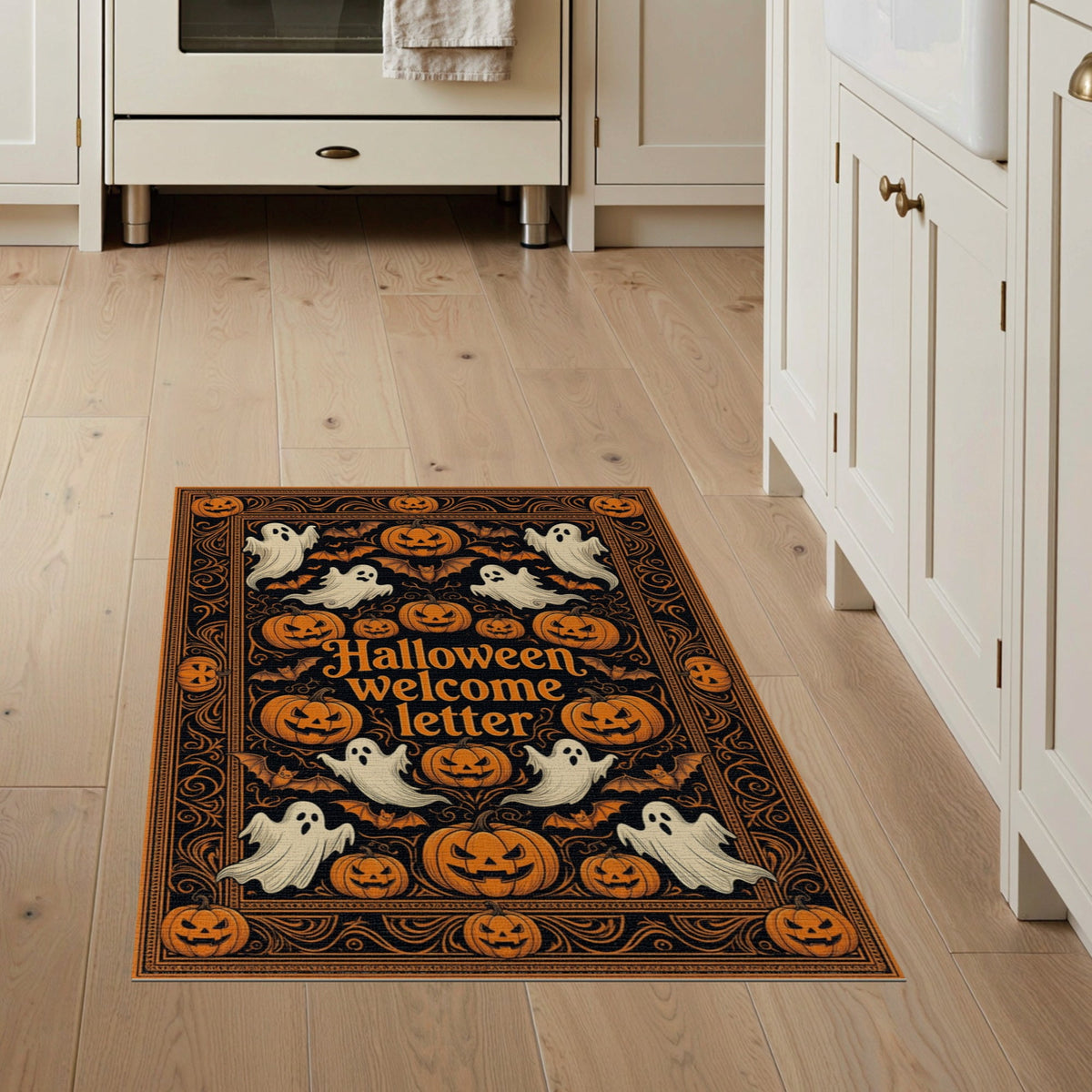 ODIKA Halloween October Phantom Gourd Flying Creature Fiber Doormat Stain Resistant Low Profile for Dorm Room, Small Living Apartment