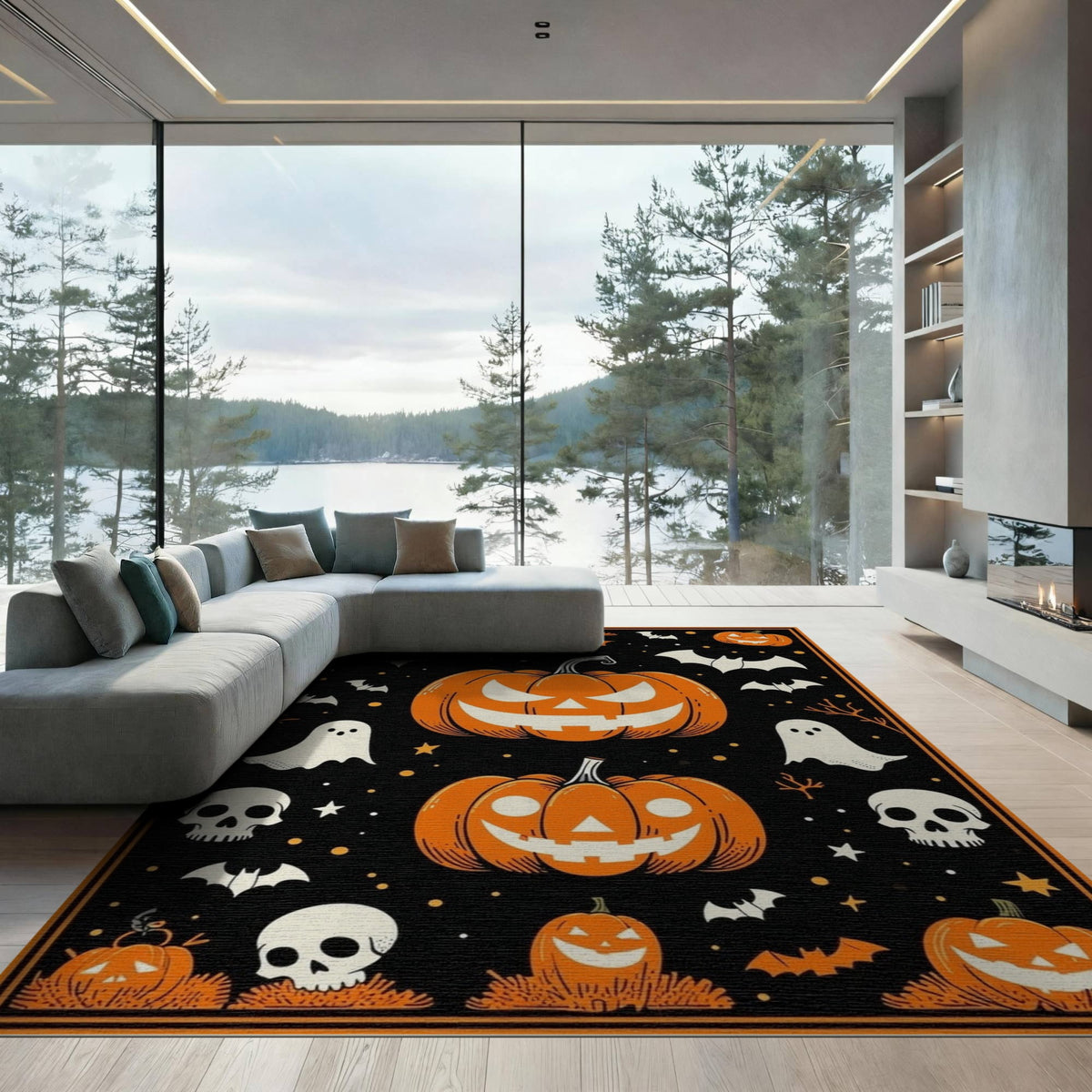 ODIKA Halloween Ghost Pumpkin Bat Skull Welcome Doormat Fiber Door for Dorm Room, Small Living Apartment, Stain Resistant Low Profile