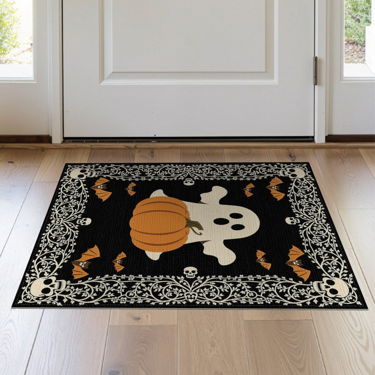 ODIKA Retro Halloween Welcome Featuring Ghosts Pumpkins Bats Skulls Non-Slip Flatwoven for Living Room, Under Sectional, Family