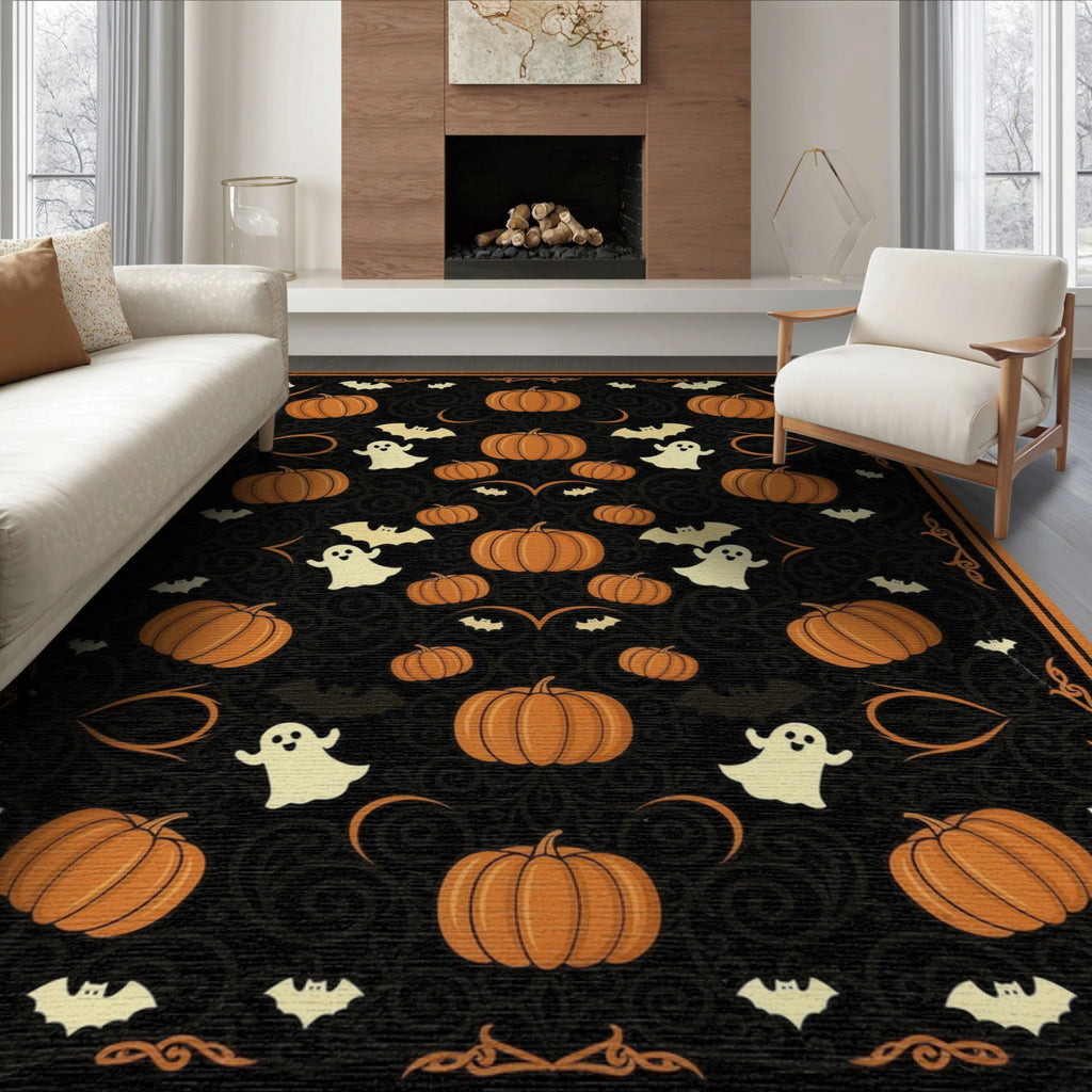 ODIKA Retro Halloween Welcome Featuring Ghosts Pumpkins Bats Skulls Non-Slip Flatwoven for Living Room, Under Sectional, Family