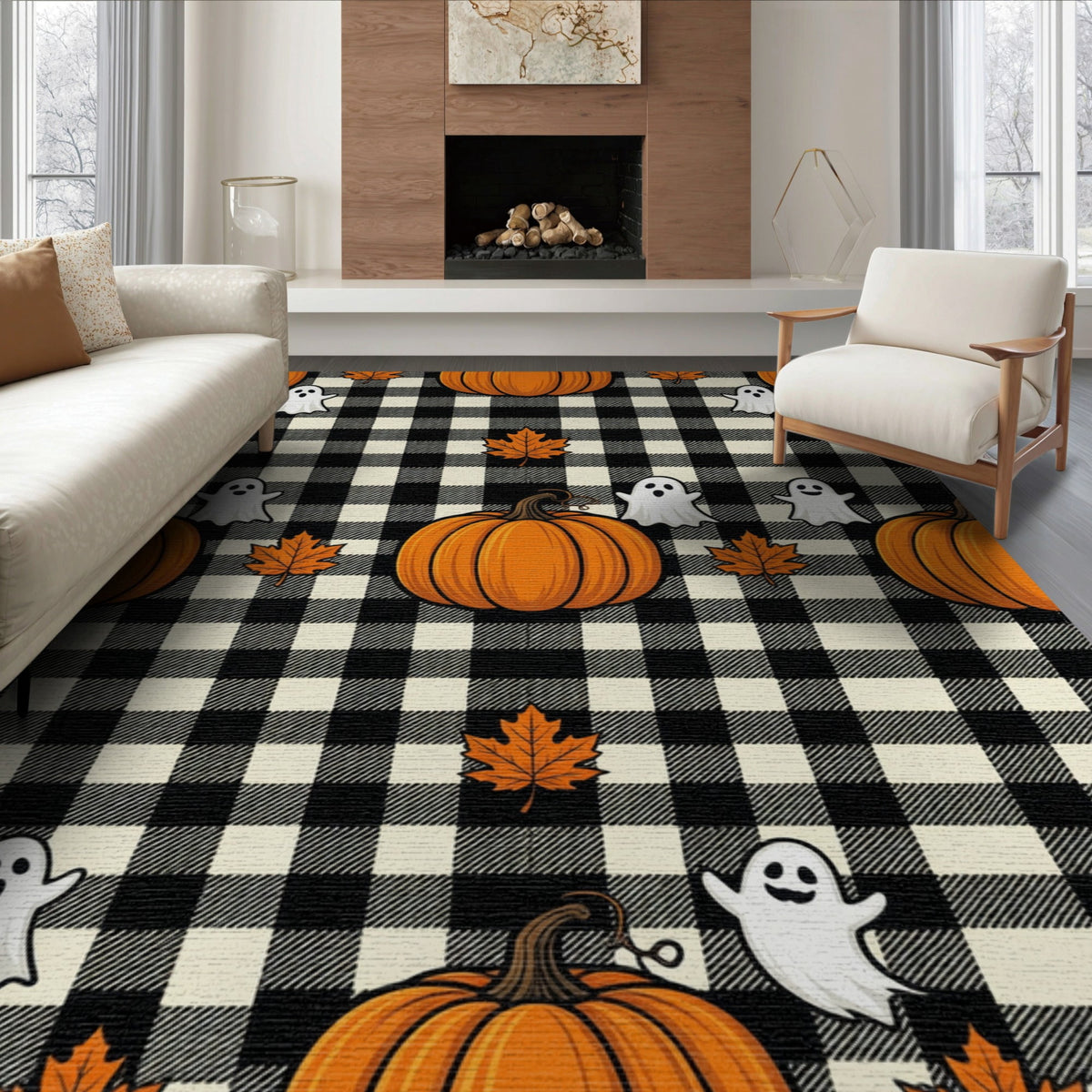 ODIKA Halloween Spooky Pumpkin Phantom Striped Entrance Door Doormat for Playroom, Bedroom, Reading Nook, Pet Friendly & Kids Safe Play