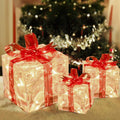 Set of 3 Christmas 60 LED Lighted Gift Boxes, Transparent Warm White Lighted Christmas Box Decrations, Presents Boxs with Red Bows for Christams Tree, Yard, Home, Christams Decorations