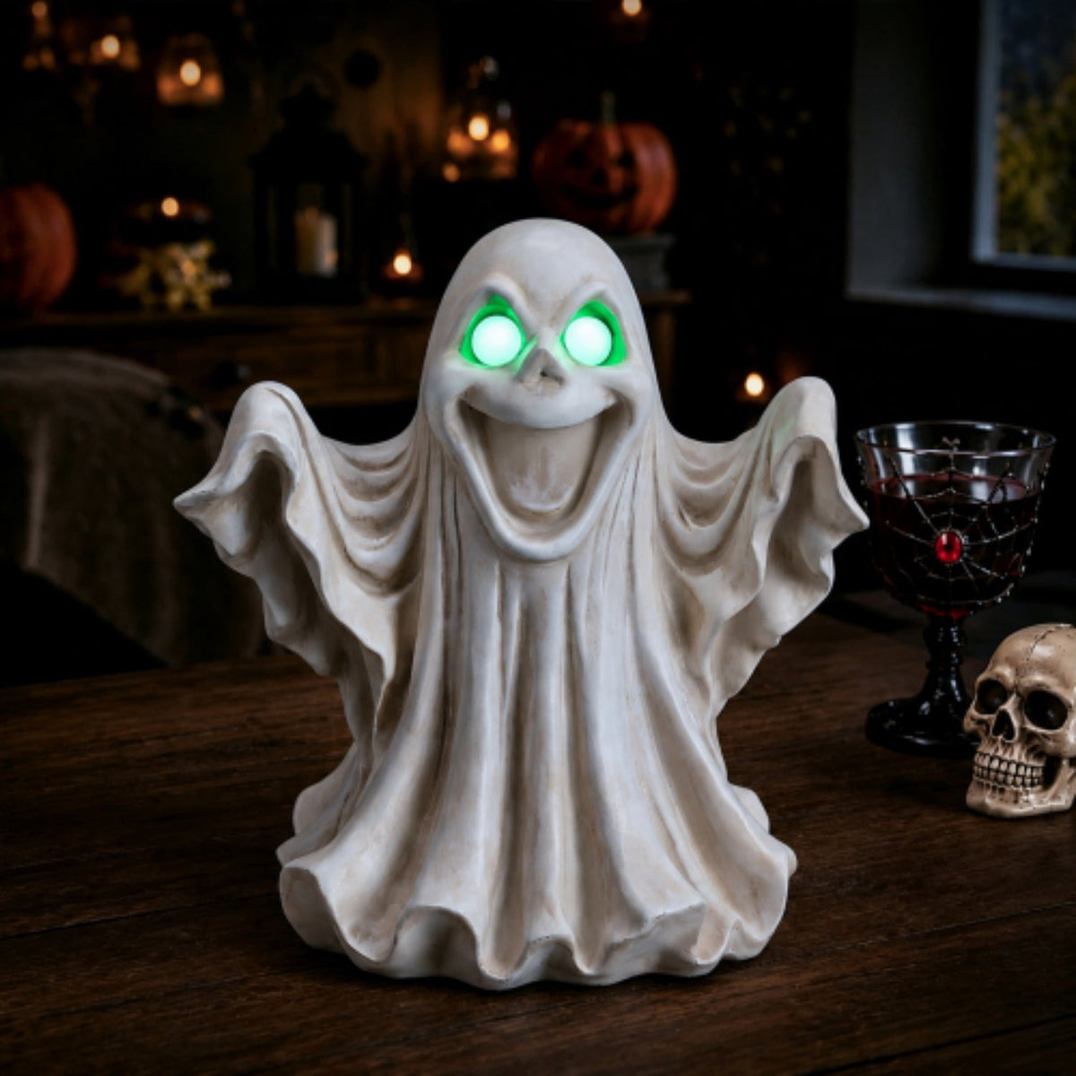 SpookHaven Halloween Ghost Resin Figurine, Light‑Up Ghost Statue with LED Glowing Green Eyes for Spooky Tabletop & Haunted House Party Decor