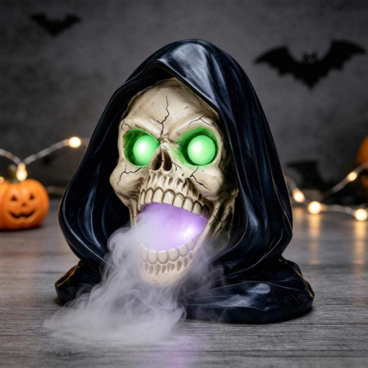 SpookHaven Halloween Jack‑O‑Lantern Pumpkin Mist Sprayer Figurine, LED Light‑Up Fogger with Witch Hat & Skull Decoration, Spooky Ornament for Tabletop Entryway Halloween Party Home Decor