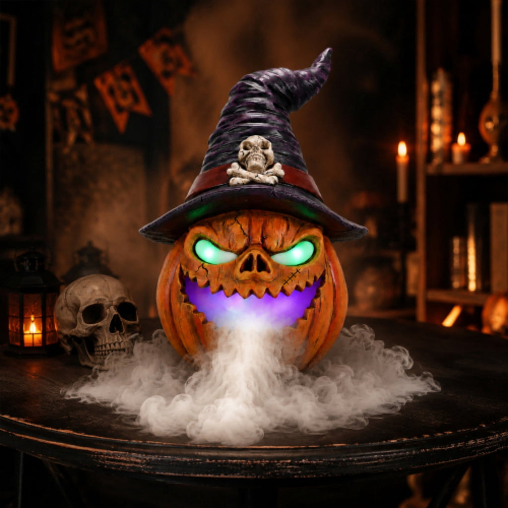 SpookHaven Halloween Jack‑O‑Lantern Pumpkin Mist Sprayer Figurine, LED Light‑Up Fogger with Witch Hat & Skull Decoration, Spooky Ornament for Tabletop Entryway Halloween Party Home Decor