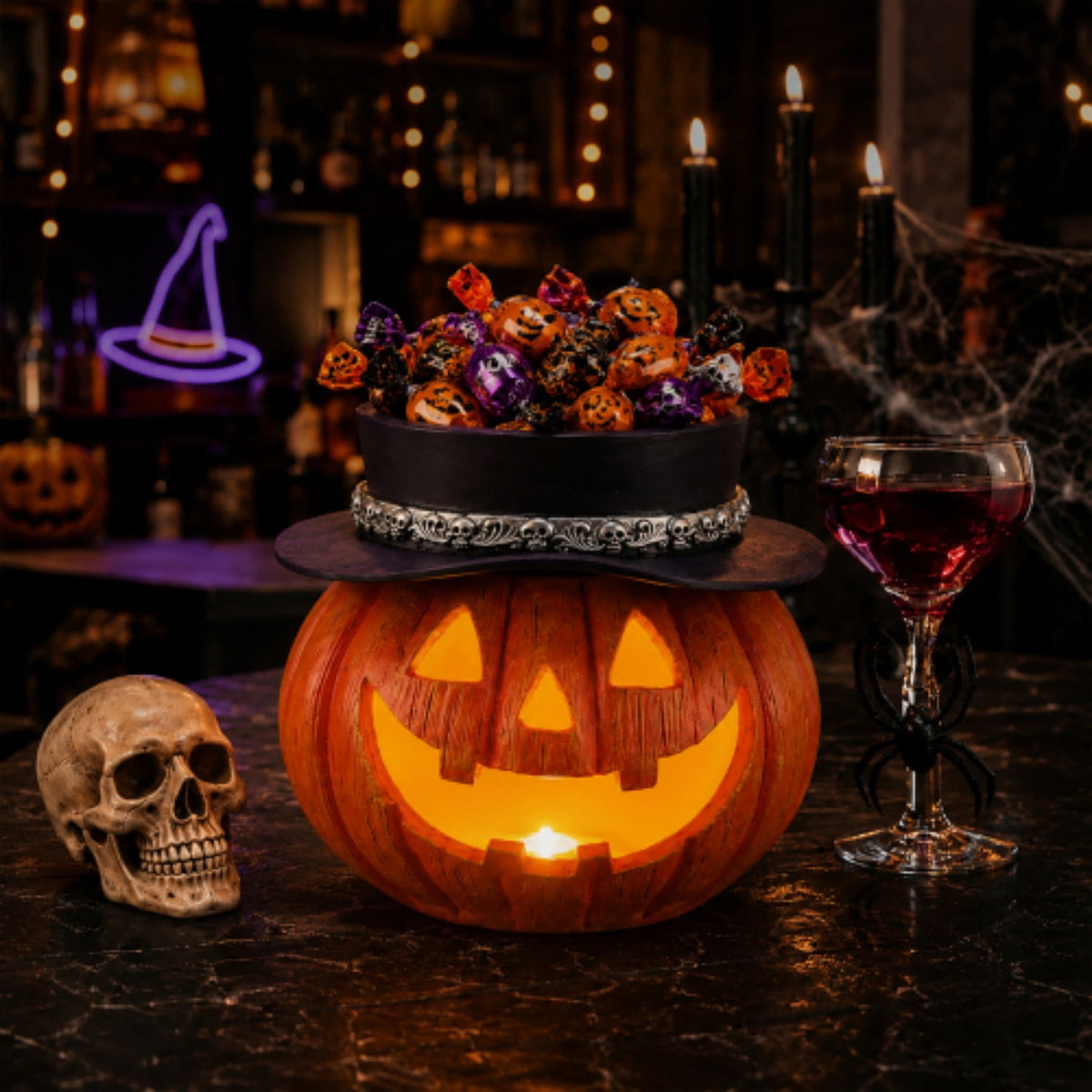 SpookHaven Halloween Jack‑O‑Lantern Pumpkin Mist Sprayer Figurine, LED Light‑Up Fogger with Witch Hat & Skull Decoration, Spooky Ornament for Tabletop Entryway Halloween Party Home Decor